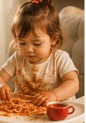 Criança pequena comendo sozinha, com a roupa suja de molho