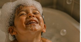 Criança sorrindo na banheira, cercada de espuma