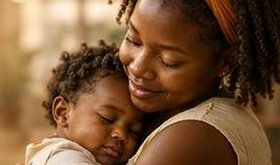 Bebê adormecido no colo da mãe, aconchegado no ombro dela