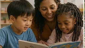Educadora lendo um livro com duas crianças ao lado, em sala iluminada