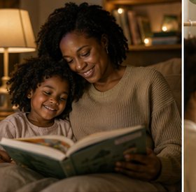 Mãe lendo um livro com a filha à luz do abajur