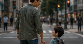 Adulto e criança de mãos dadas diante de uma travessia, decidindo o caminho