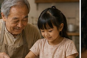 Mãos de um adulto orientando uma criança em uma atividade manual
